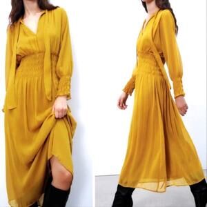 Zara Elastic Waist  Midi Dress  Mustard Yellow Spring Summer  Size Medium NWT